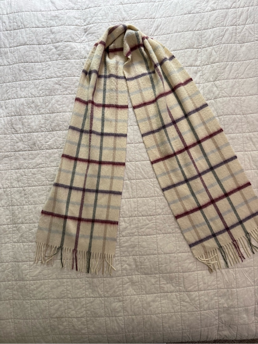 Barbour Cream Plaid Wool Scarf with Burgundy and Blue Stripes
